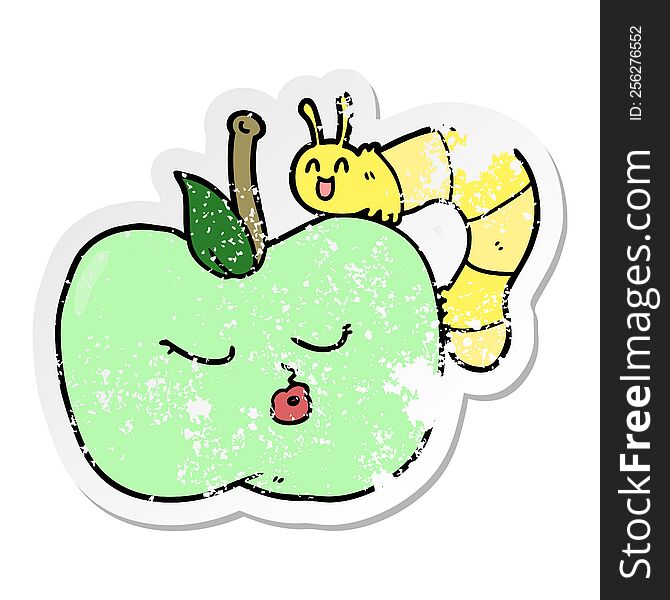 Distressed Sticker Of A Cartoon Pretty Apple And Bug