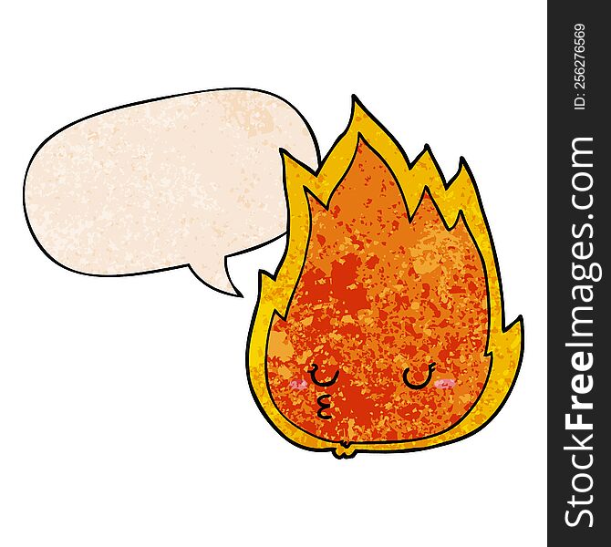 cute cartoon fire with speech bubble in retro texture style