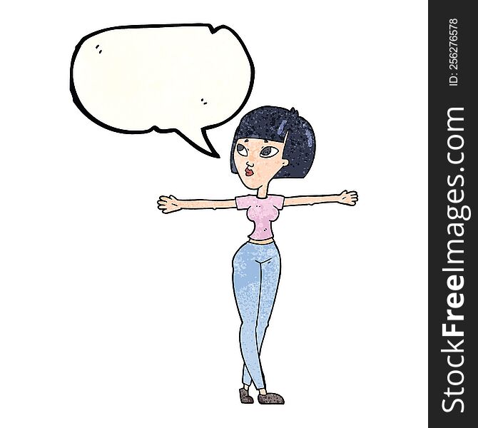 freehand speech bubble textured cartoon woman spreading arms
