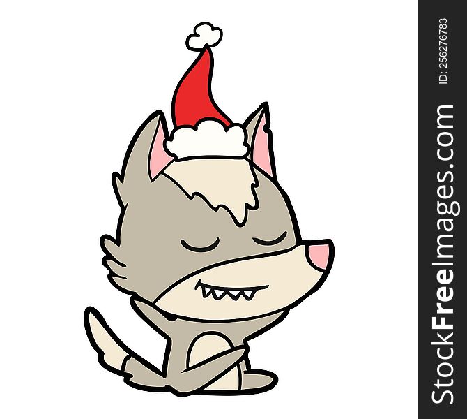 friendly hand drawn line drawing of a wolf sitting wearing santa hat. friendly hand drawn line drawing of a wolf sitting wearing santa hat
