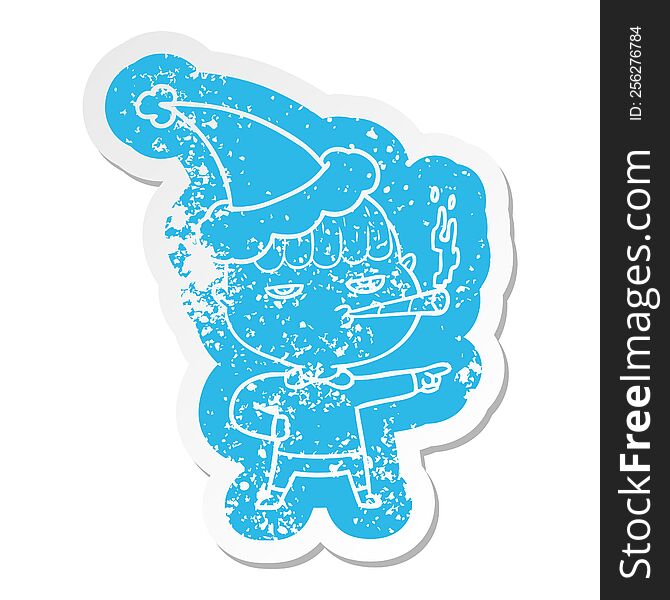 quirky cartoon distressed sticker of a man smoking wearing santa hat