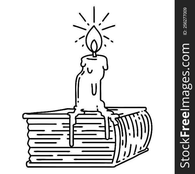 illustration of a traditional black line work tattoo style candle melting on book