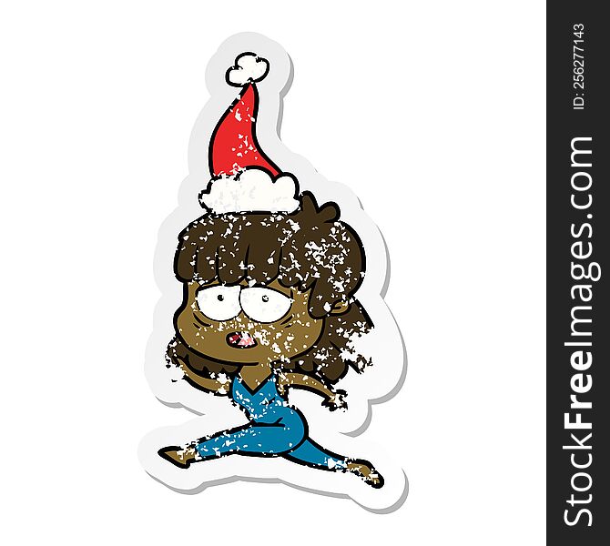 hand drawn distressed sticker cartoon of a tired woman wearing santa hat