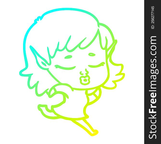 Cold Gradient Line Drawing Pretty Cartoon Elf Girl Running