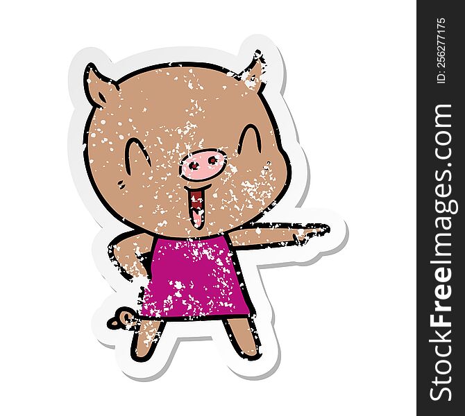 Distressed Sticker Of A Happy Cartoon Pig In Dress