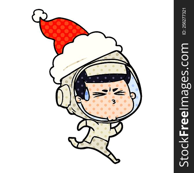 Comic Book Style Illustration Of A Stressed Astronaut Wearing Santa Hat