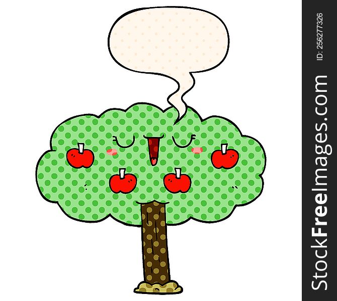 Cartoon Apple Tree And Speech Bubble In Comic Book Style