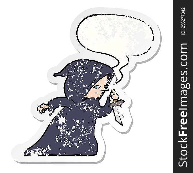 Cartoon Assassin In Dark Robe And Speech Bubble Distressed Sticker
