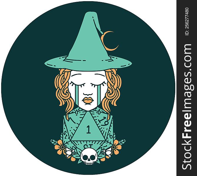 icon of crying human witch with natural one D20 dice roll. icon of crying human witch with natural one D20 dice roll