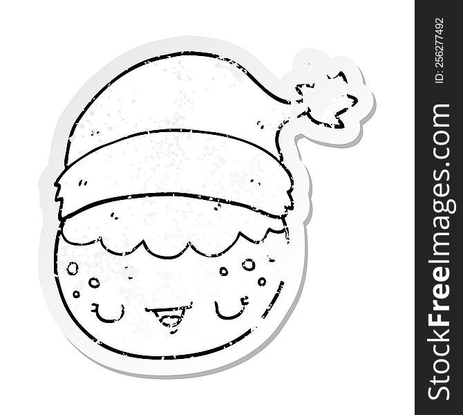 Distressed Sticker Of A Cartoon Christmas Pudding Wearing Santa Hat