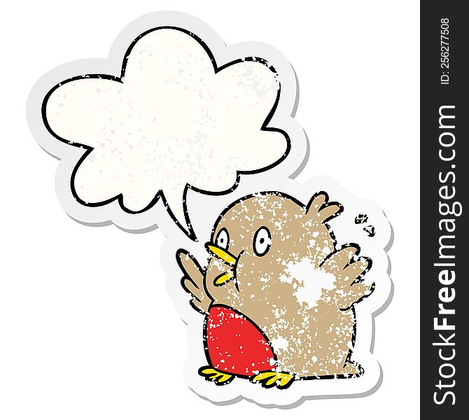 cartoon over excited robin with speech bubble distressed distressed old sticker. cartoon over excited robin with speech bubble distressed distressed old sticker