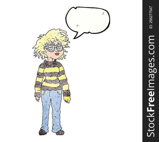 freehand speech bubble textured cartoon geeky girl