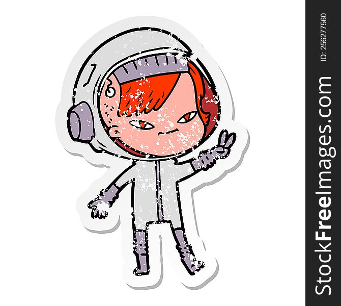 Distressed Sticker Of A Cartoon Astronaut Woman