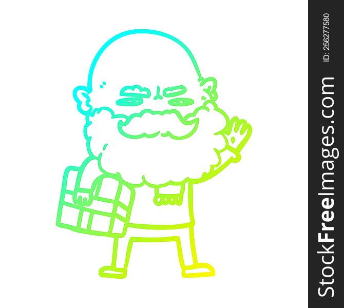 cold gradient line drawing cartoon man with beard frowning with xmas gift