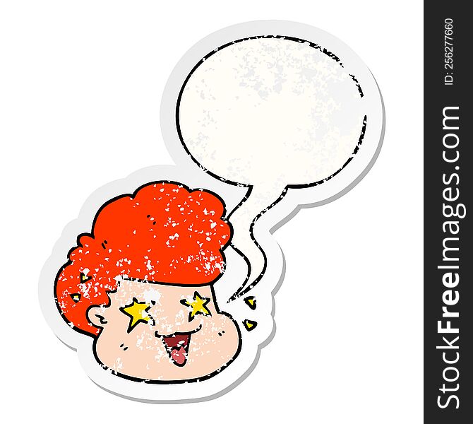 cartoon excited boy with speech bubble distressed distressed old sticker. cartoon excited boy with speech bubble distressed distressed old sticker