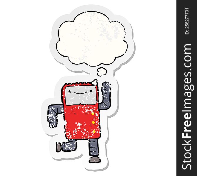 cartoon robot with thought bubble as a distressed worn sticker