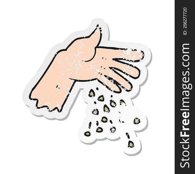 retro distressed sticker of a cartoon hand spreading seeds