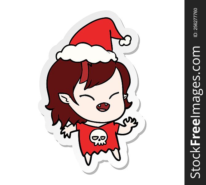 Sticker Cartoon Of A Laughing Vampire Girl Wearing Santa Hat