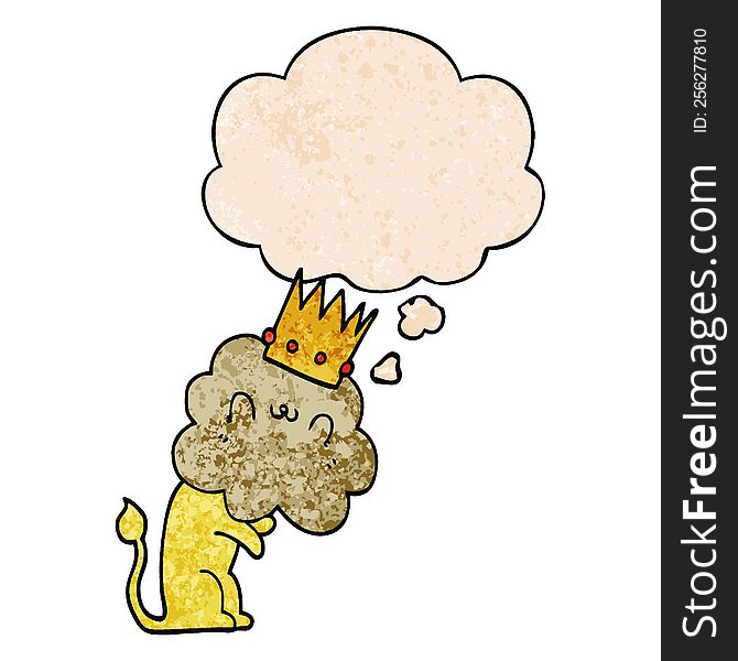 cartoon lion with crown with thought bubble in grunge texture style. cartoon lion with crown with thought bubble in grunge texture style