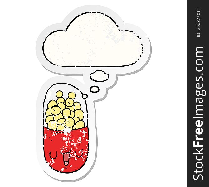 cartoon medical pill with thought bubble as a distressed worn sticker