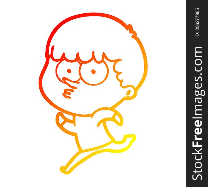 warm gradient line drawing of a cartoon curious boy running