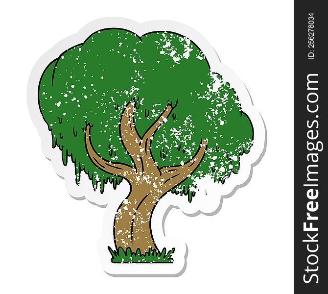 Distressed Sticker Cartoon Doodle Of A Green Tree