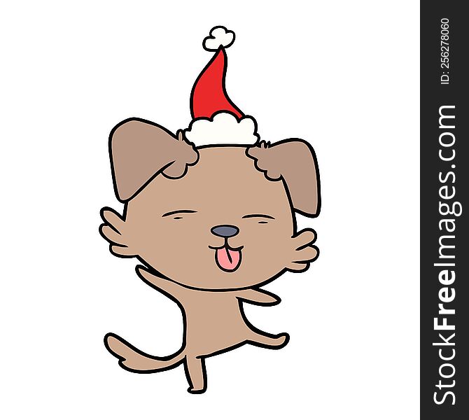 hand drawn line drawing of a dancing dog wearing santa hat