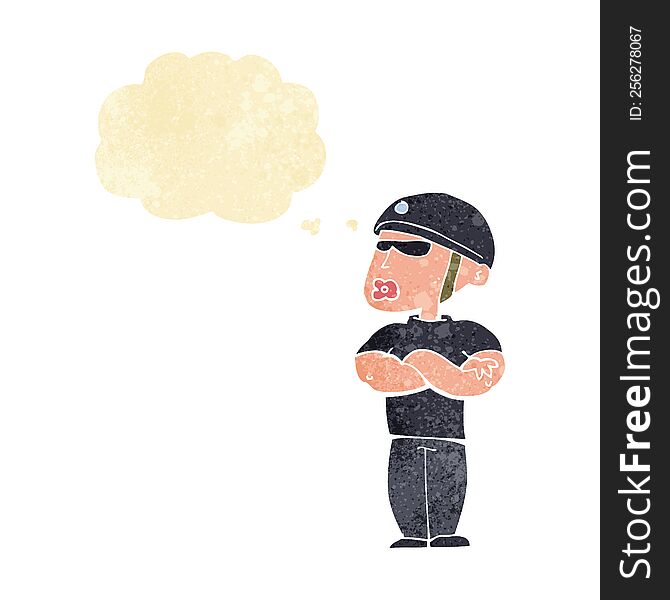 cartoon security guard with thought bubble
