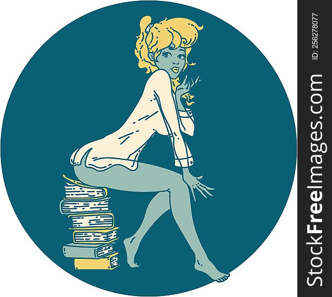 iconic tattoo style image of a pinup girl sitting on books. iconic tattoo style image of a pinup girl sitting on books