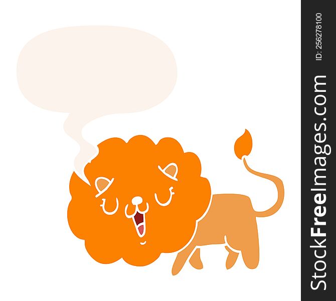 Cute Cartoon Lion And Speech Bubble In Retro Style