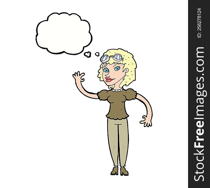 cartoon pilot woman waving with thought bubble