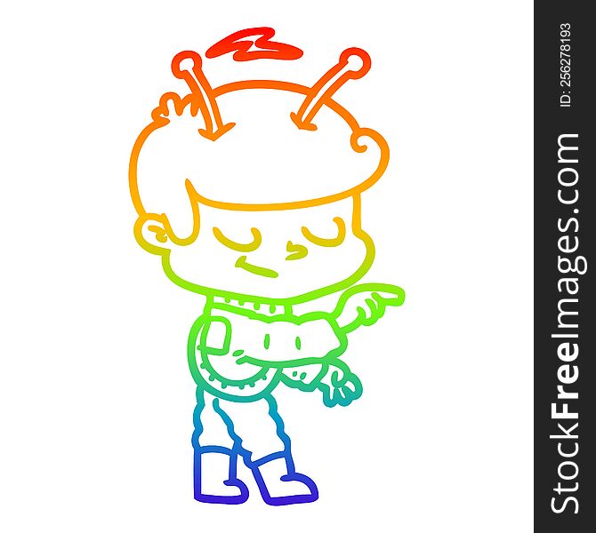 Rainbow Gradient Line Drawing Friendly Cartoon Spaceman Pointing