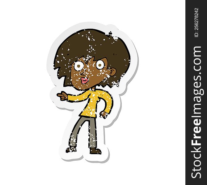 Retro Distressed Sticker Of A Cartoon Surprised Woman Pointing