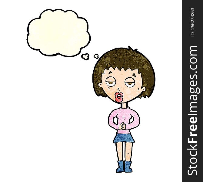 cartoon bored woman waiting with thought bubble