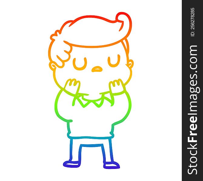 rainbow gradient line drawing of a cartoon aloof man considering