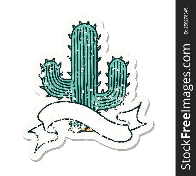 worn old sticker with banner of a cactus. worn old sticker with banner of a cactus