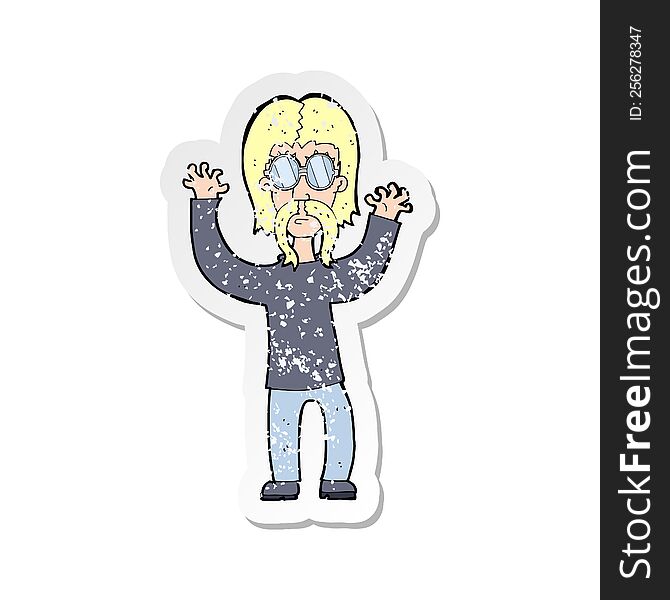 Retro Distressed Sticker Of A Cartoon Hippie Man Waving Arms