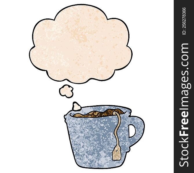 Cartoon Hot Cup Of Tea And Thought Bubble In Grunge Texture Pattern Style