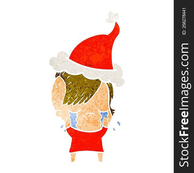 Retro Cartoon Of A Crying Girl Wearing Santa Hat
