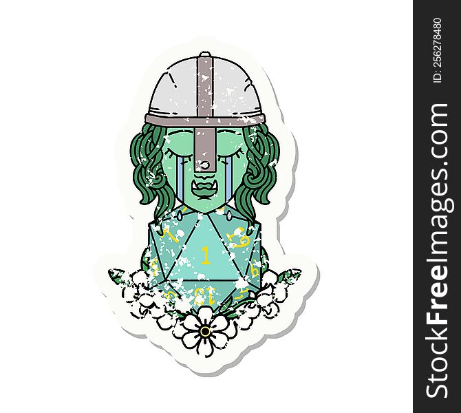 grunge sticker of a crying orc fighter character with natural one D20 roll. grunge sticker of a crying orc fighter character with natural one D20 roll