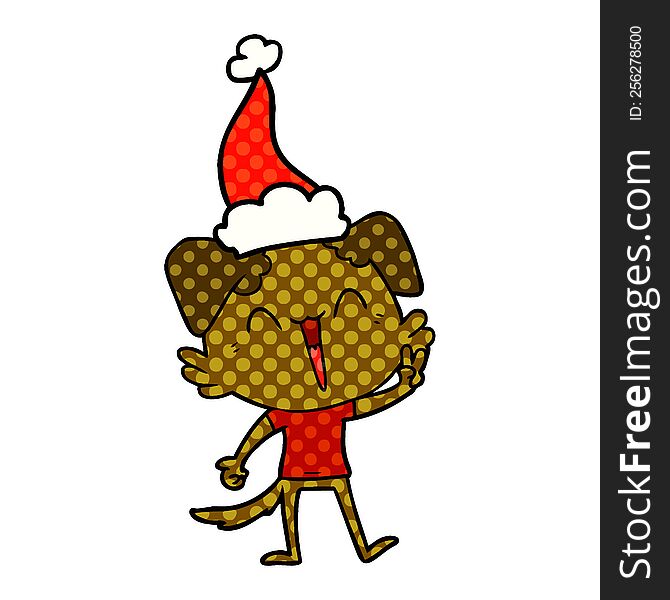 Happy Little Dog Comic Book Style Illustration Of A Wearing Santa Hat
