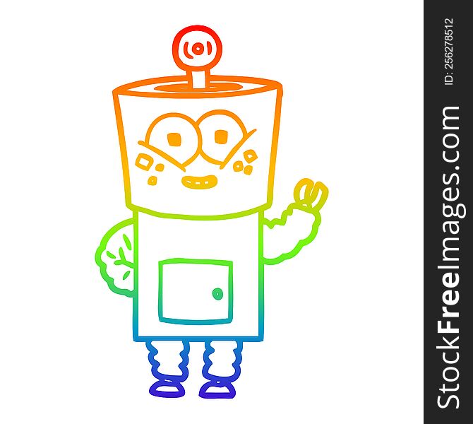 rainbow gradient line drawing of a happy cartoon robot waving hello