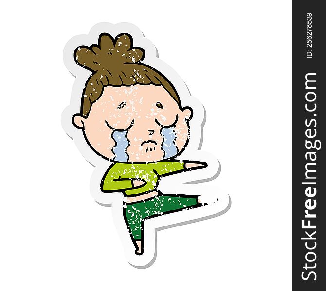 distressed sticker of a cartoon crying woman dancing