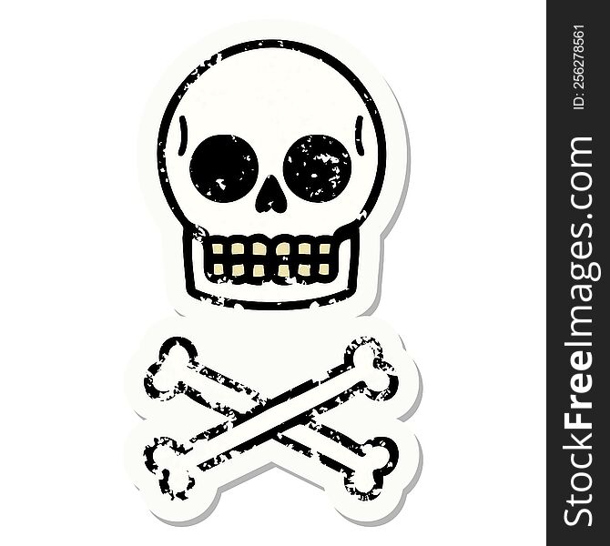 Traditional Distressed Sticker Tattoo Of A Skull And Bones