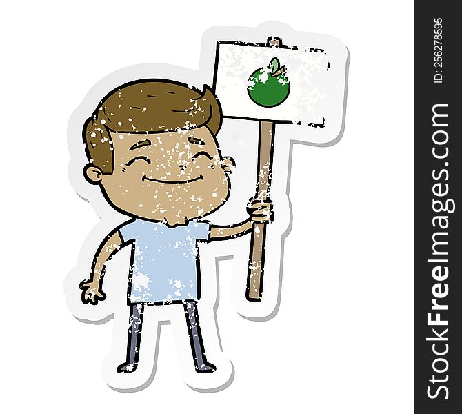 distressed sticker of a happy cartoon man with apple placard