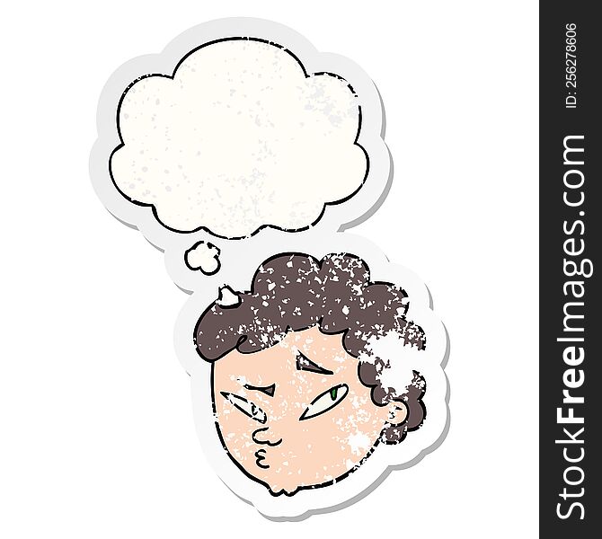 cartoon suspicious man with thought bubble as a distressed worn sticker