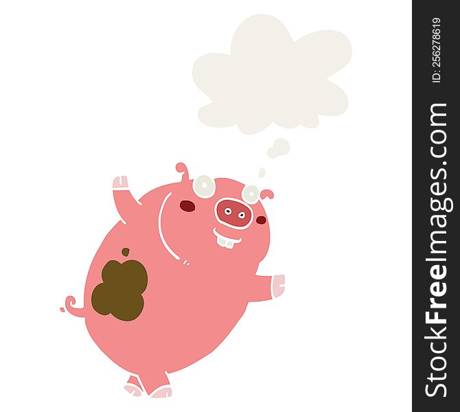 funny cartoon pig with thought bubble in retro style