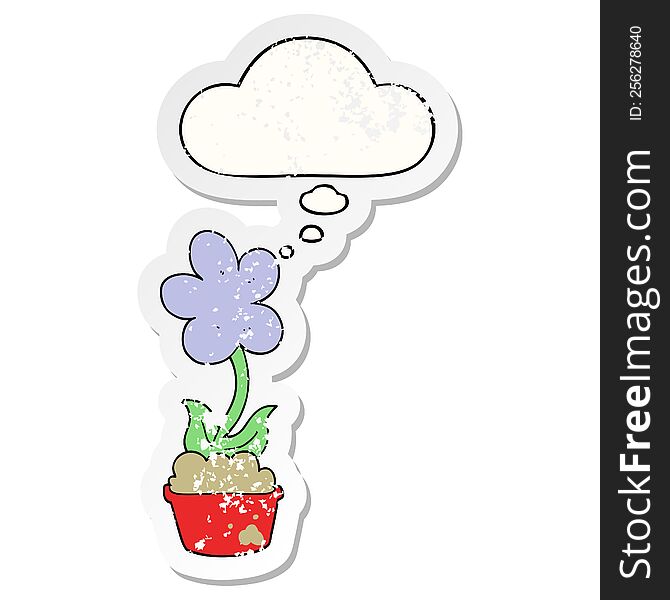 Cute Cartoon Flower And Thought Bubble As A Distressed Worn Sticker