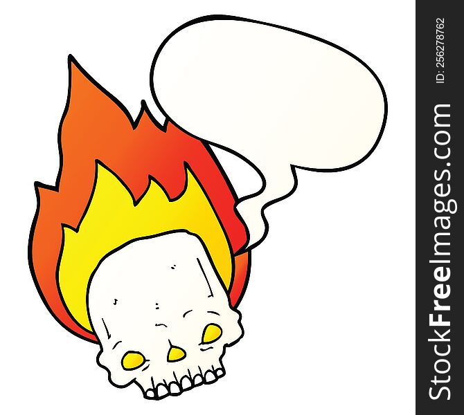 spooky cartoon flaming skull with speech bubble in smooth gradient style