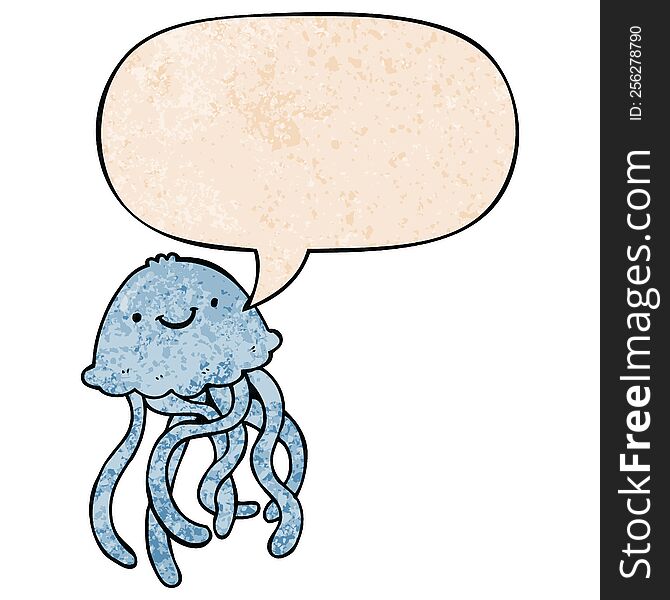 cartoon happy jellyfish with speech bubble in retro texture style
